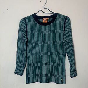 Tory Burch Womens Black Aqua Striped Cotton Crew Neck Long Sleeve Sweater Sz XS